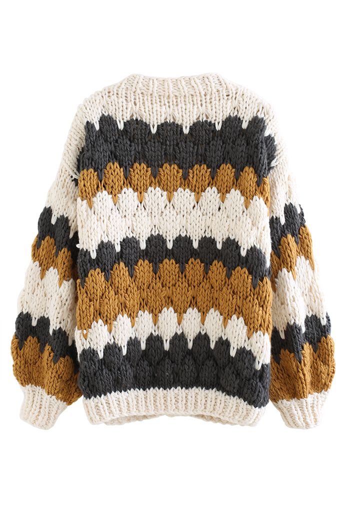 Color Blocked V-Neck Hand-Knit Chunky Cardigan in Smoke
