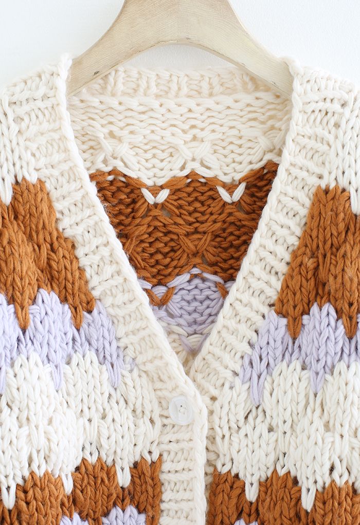 Color Blocked V-Neck Hand-Knit Chunky Cardigan in Cream