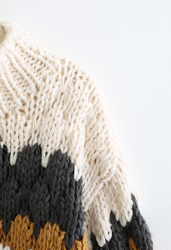 Color Blocked High Neck Hand-Knit Chunky Sweater in Smoke