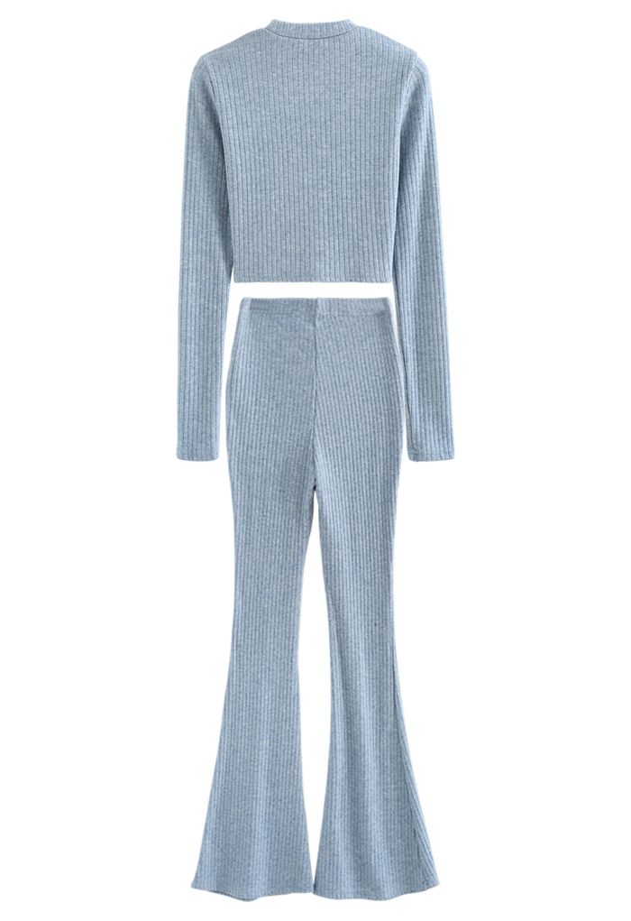 Trendy Soft Crop Top and Flare Pants Set in Blue
