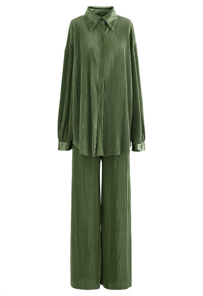 Full Pleated Plisse Shirt and Pants Set in Army Green