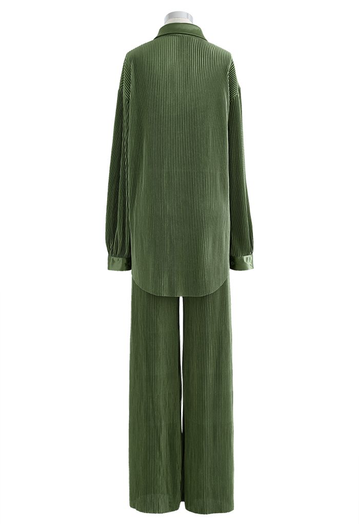 Full Pleated Plisse Shirt and Pants Set in Army Green