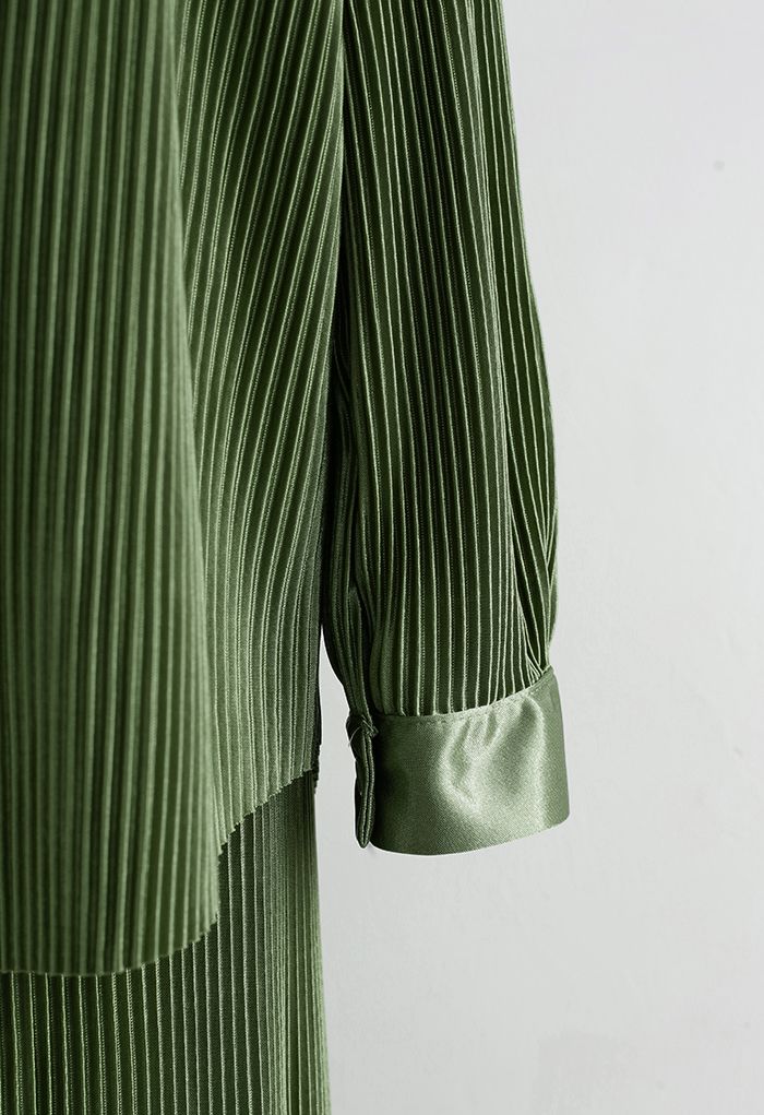 Full Pleated Plisse Shirt and Pants Set in Army Green
