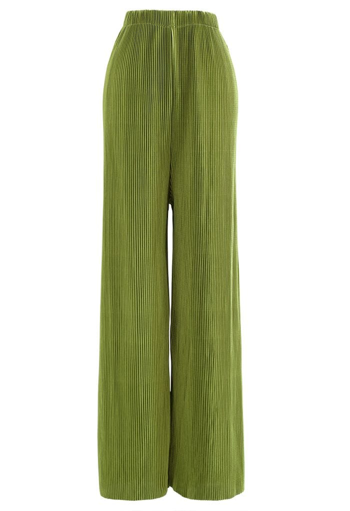 Full Pleated Plisse Shirt and Pants Set in Moss Green