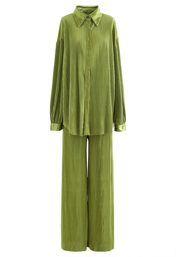 Full Pleated Plisse Shirt and Pants Set in Moss Green