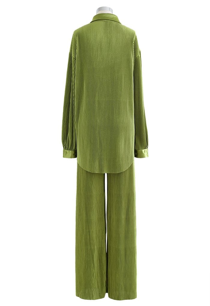 Full Pleated Plisse Shirt and Pants Set in Moss Green