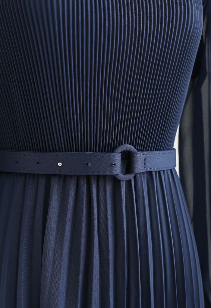 Full Pleated Belted Maxi Dress in Navy