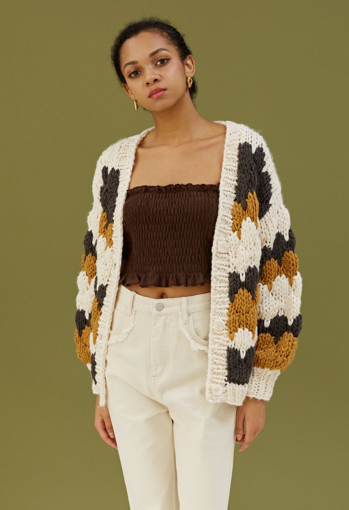 Color Blocked V-Neck Hand-Knit Chunky Cardigan in Smoke