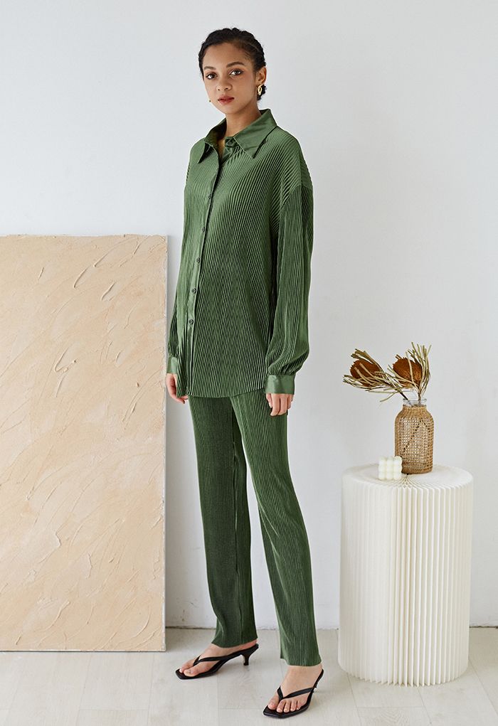 Full Pleated Plisse Shirt and Pants Set in Army Green