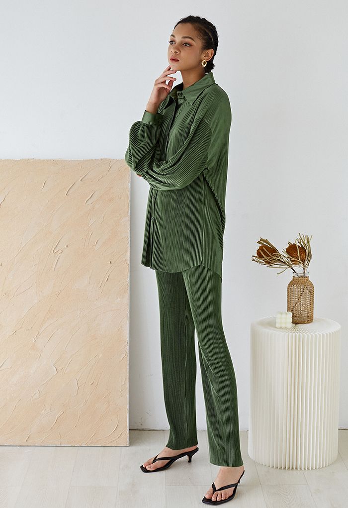 Full Pleated Plisse Shirt and Pants Set in Army Green