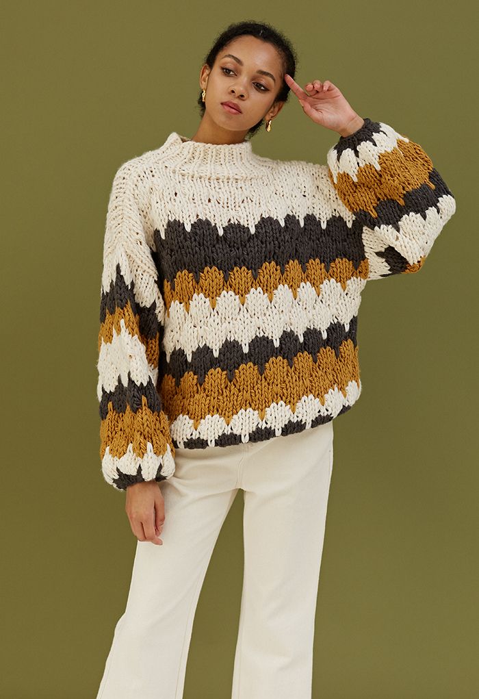 Color Blocked High Neck Hand-Knit Chunky Sweater in Smoke