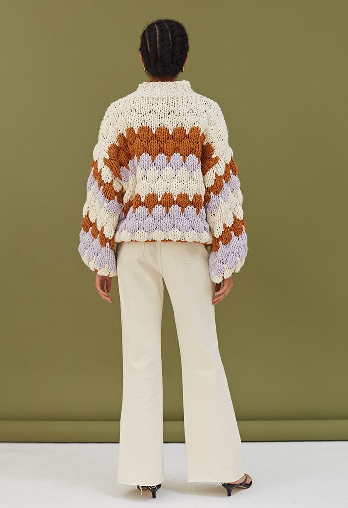 Color Blocked High Neck Hand-Knit Chunky Sweater in Cream