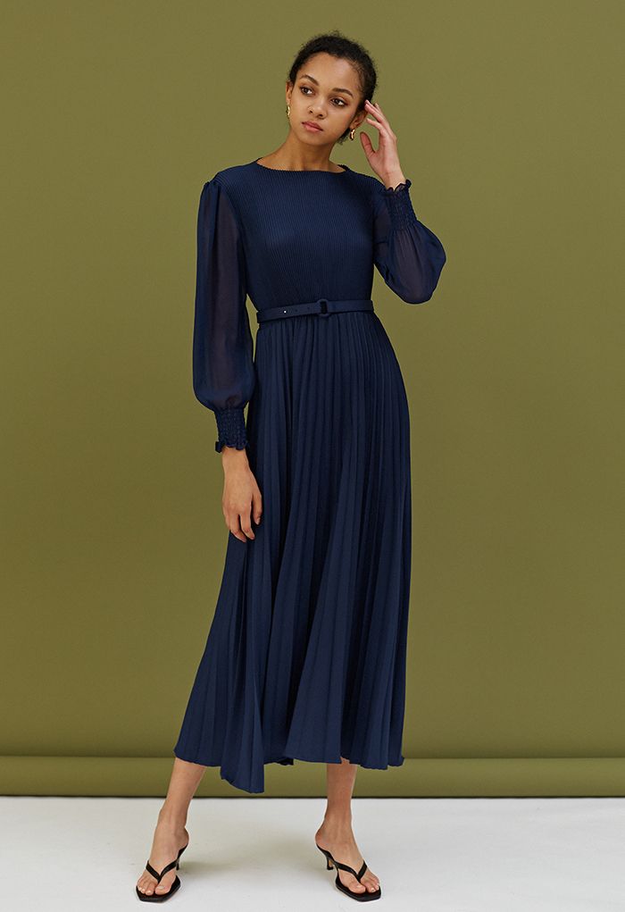Full Pleated Belted Maxi Dress in Navy