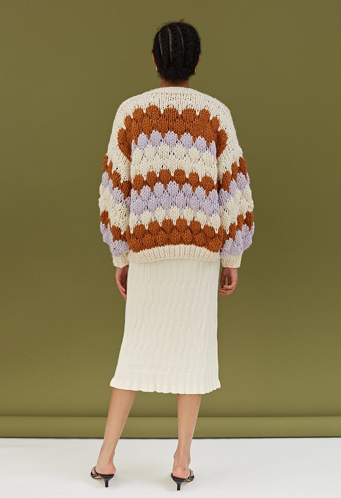 Color Blocked V-Neck Hand-Knit Chunky Cardigan in Cream