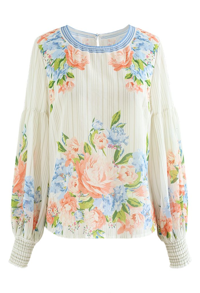 Peony Print Puff Sleeves Slouchy Shirt