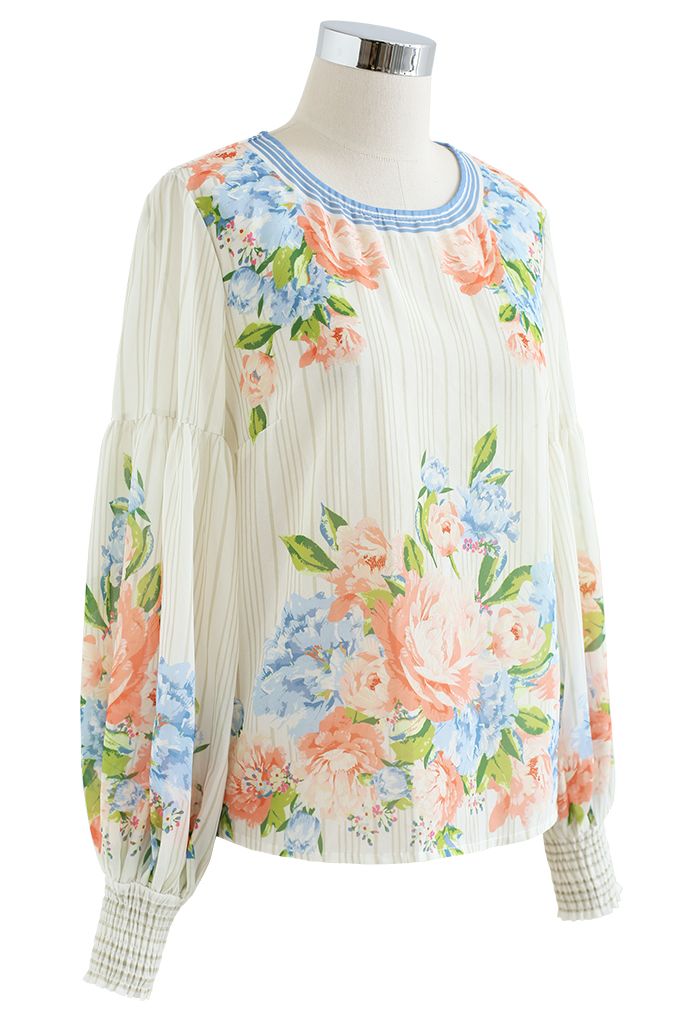 Peony Print Puff Sleeves Slouchy Shirt