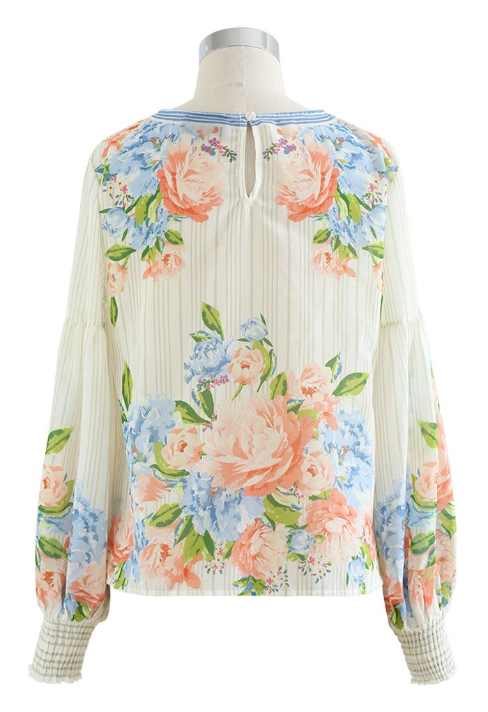 Peony Print Puff Sleeves Slouchy Shirt