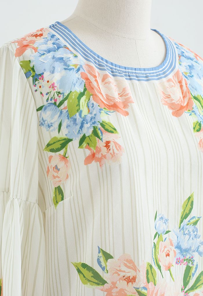 Peony Print Puff Sleeves Slouchy Shirt