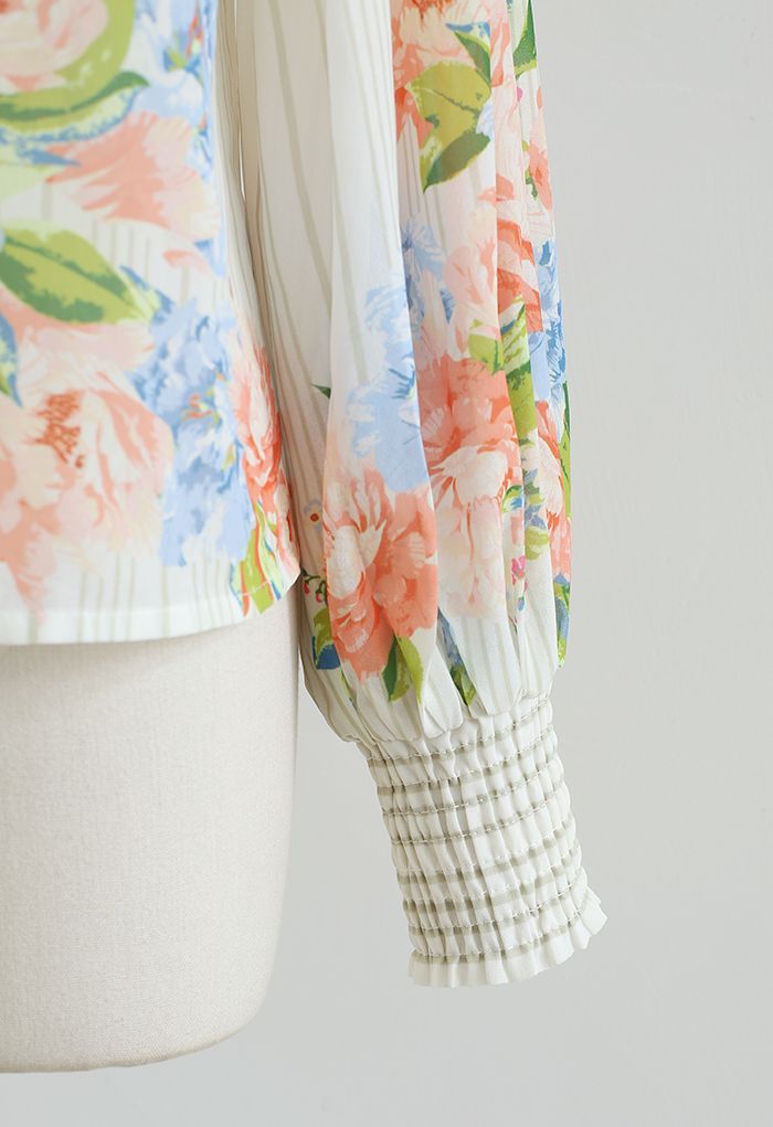 Peony Print Puff Sleeves Slouchy Shirt