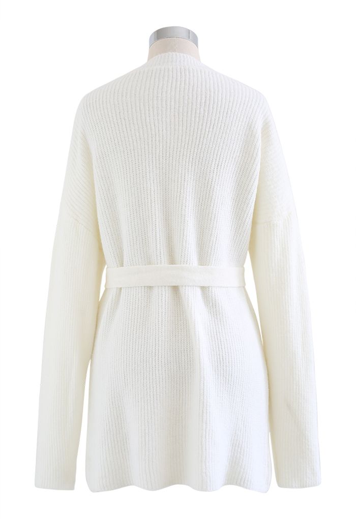 Belted Ribbed Longline Sweater in White