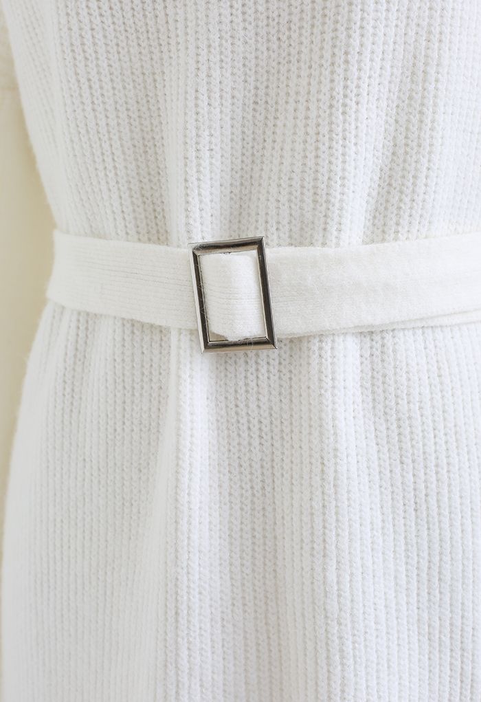 Belted Ribbed Longline Sweater in White