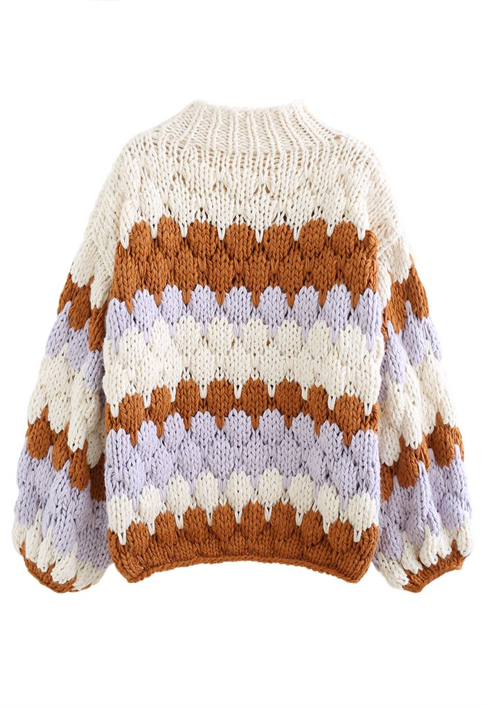 Color Blocked High Neck Hand-Knit Chunky Sweater in Cream