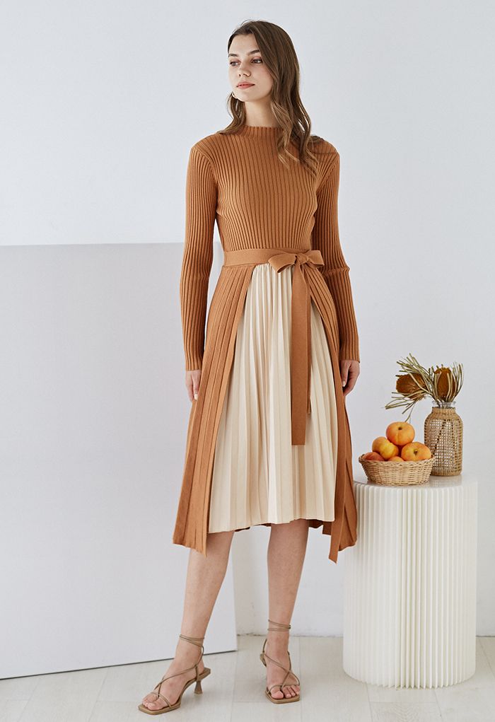 Front Pleats Splicing Belted Hi-Lo Knit Dress in Caramel