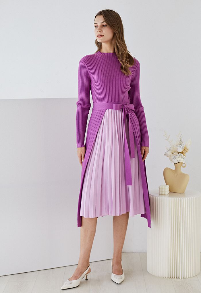 Front Pleats Splicing Belted Hi-Lo Knit Dress in Violet