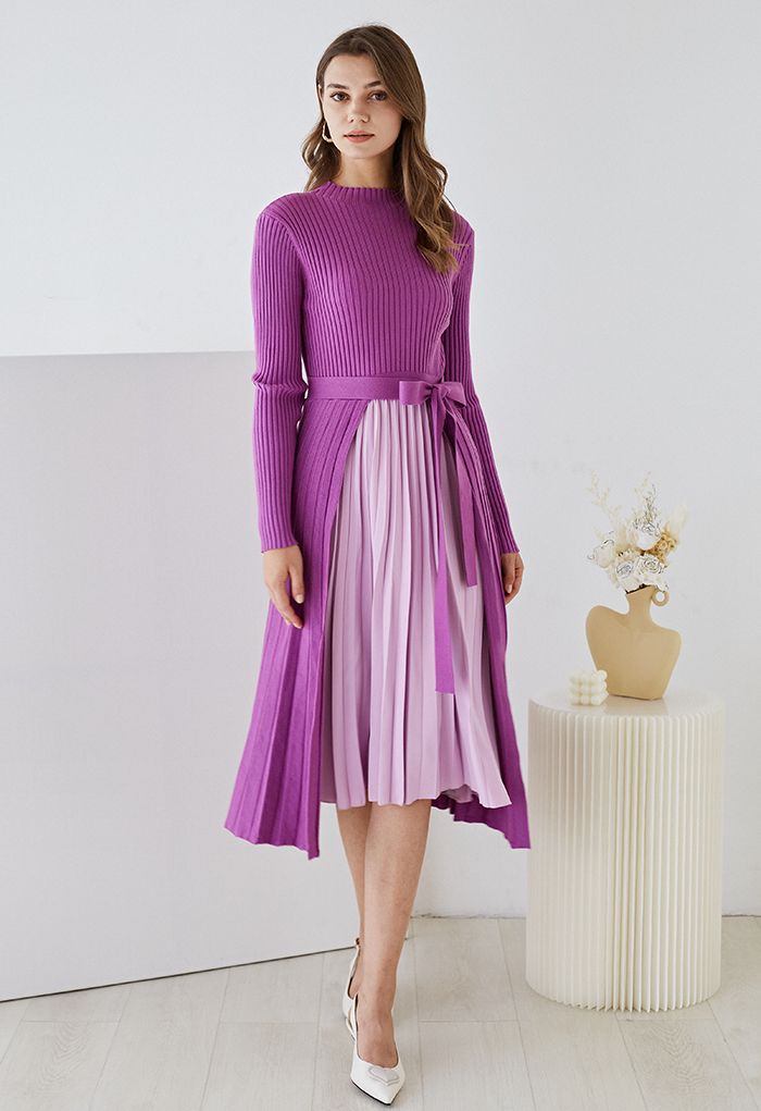 Front Pleats Splicing Belted Hi-Lo Knit Dress in Violet