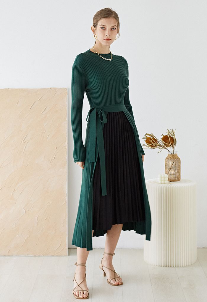 Front Pleats Splicing Belted Hi-Lo Knit Dress in Dark Green