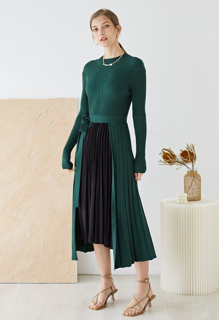 Front Pleats Splicing Belted Hi-Lo Knit Dress in Dark Green