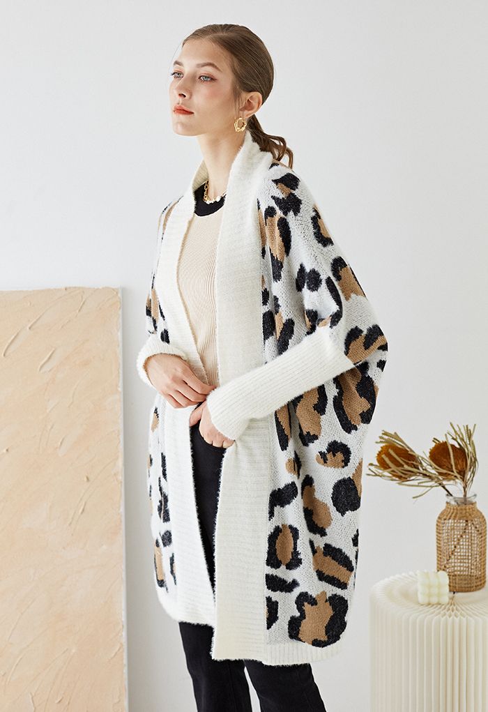 Fuzzy Leopard Batwing Sleeves Open Front Cardigan in Ivory