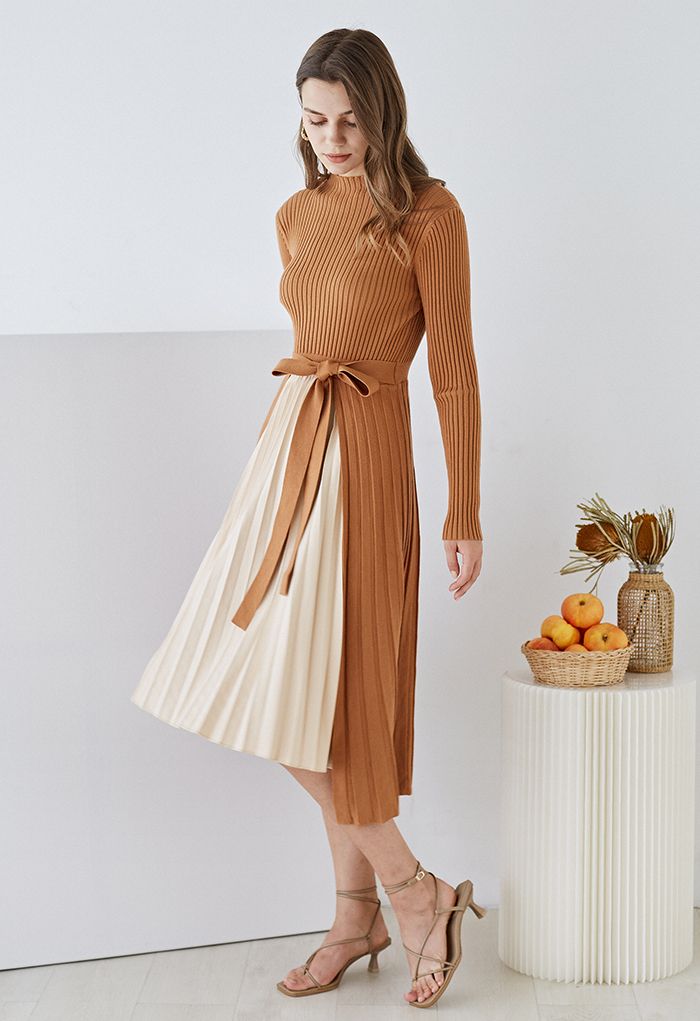 Front Pleats Splicing Belted Hi-Lo Knit Dress in Caramel