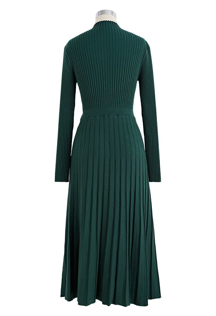 Front Pleats Splicing Belted Hi-Lo Knit Dress in Dark Green