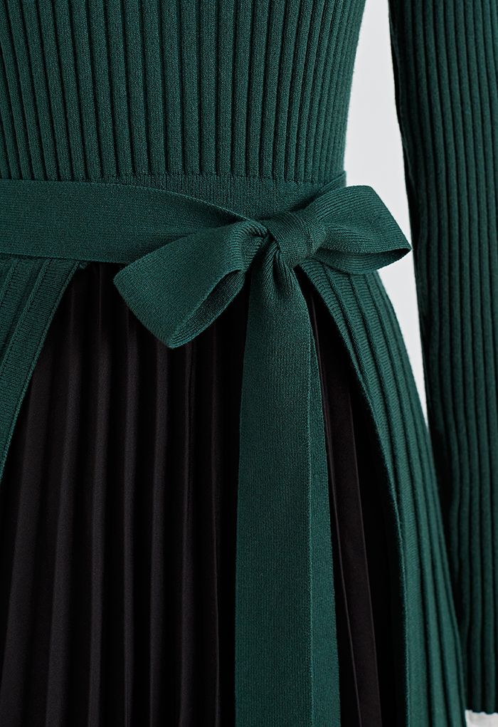 Front Pleats Splicing Belted Hi-Lo Knit Dress in Dark Green