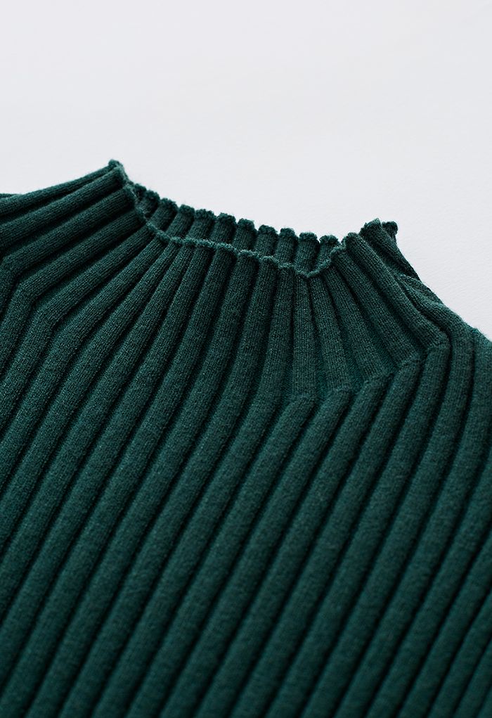Front Pleats Splicing Belted Hi-Lo Knit Dress in Dark Green