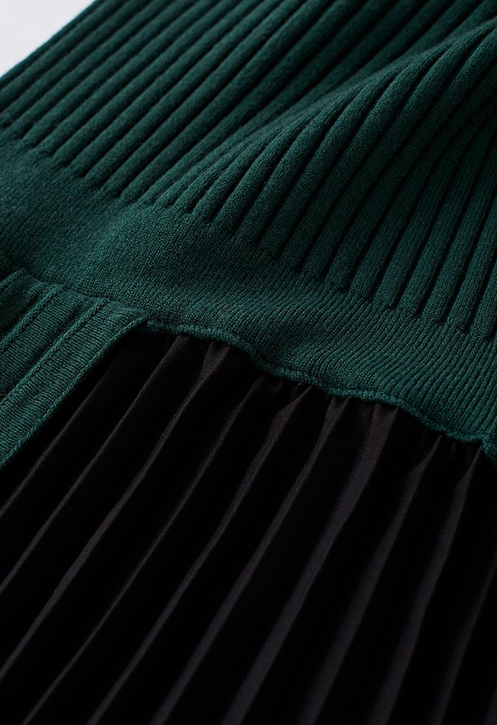 Front Pleats Splicing Belted Hi-Lo Knit Dress in Dark Green