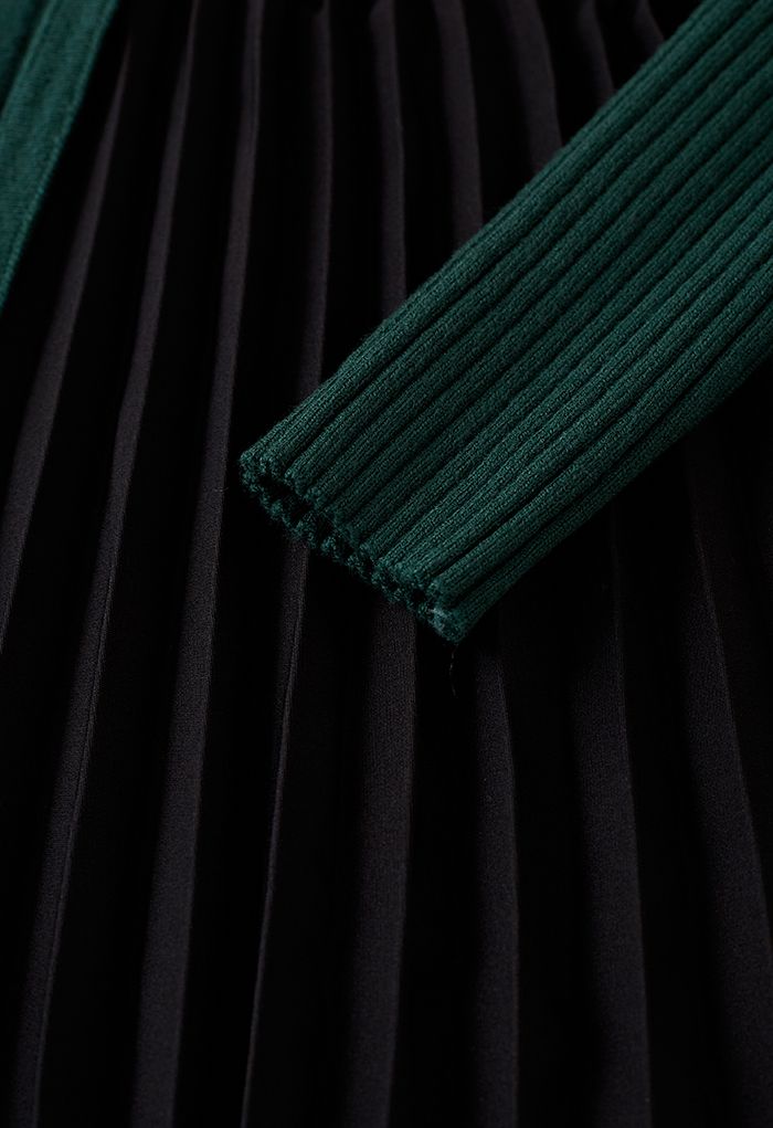 Front Pleats Splicing Belted Hi-Lo Knit Dress in Dark Green