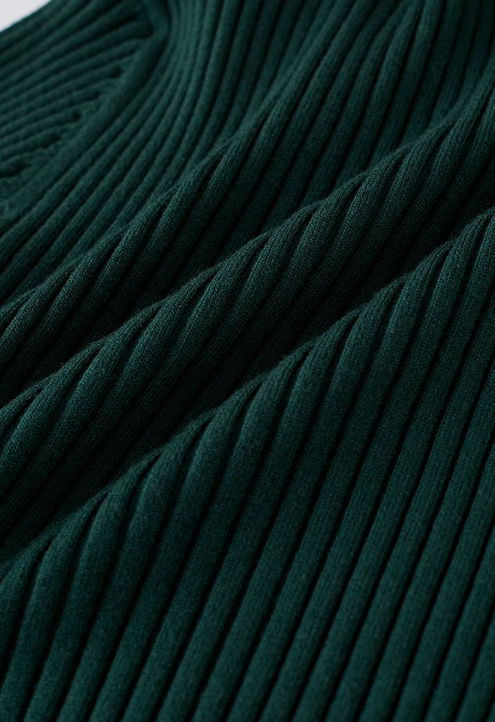 Front Pleats Splicing Belted Hi-Lo Knit Dress in Dark Green