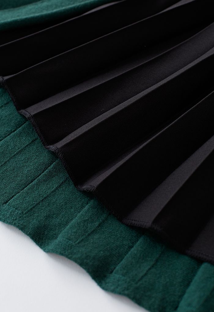Front Pleats Splicing Belted Hi-Lo Knit Dress in Dark Green