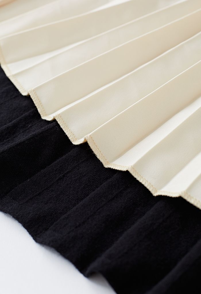 Front Pleats Splicing Belted Hi-Lo Knit Dress in Black