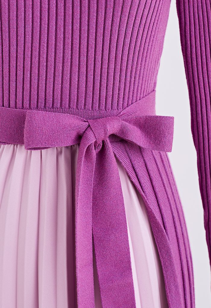 Front Pleats Splicing Belted Hi-Lo Knit Dress in Violet