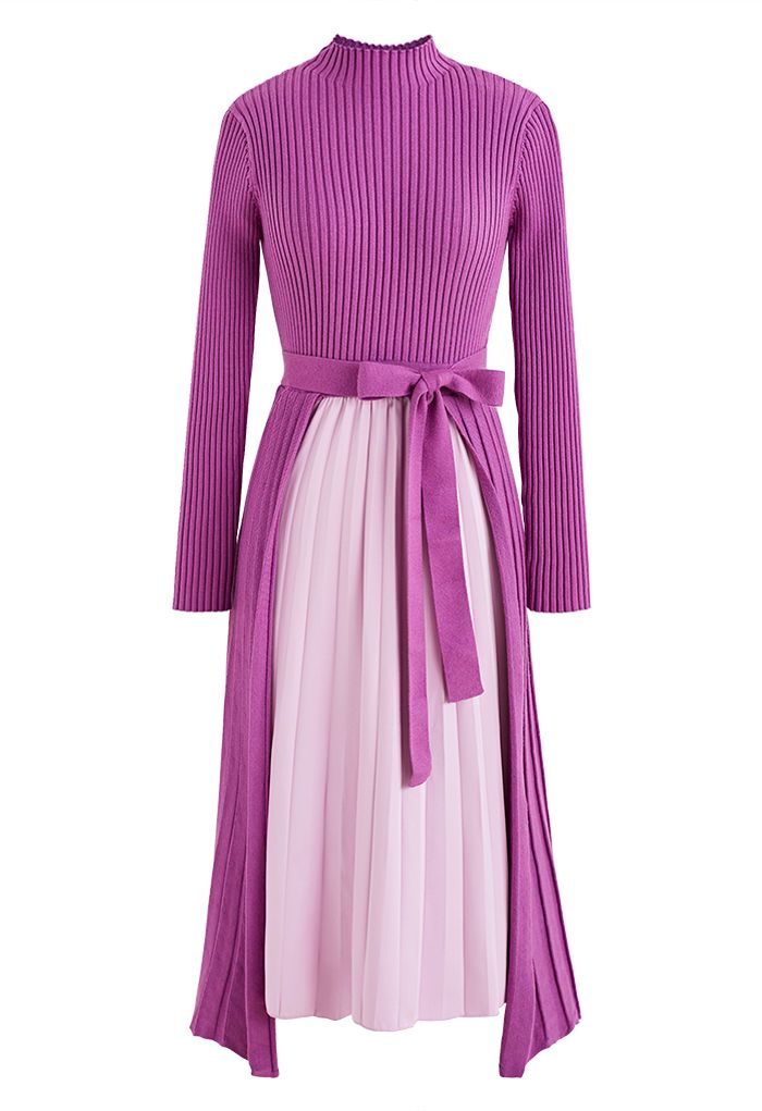 Front Pleats Splicing Belted Hi-Lo Knit Dress in Violet