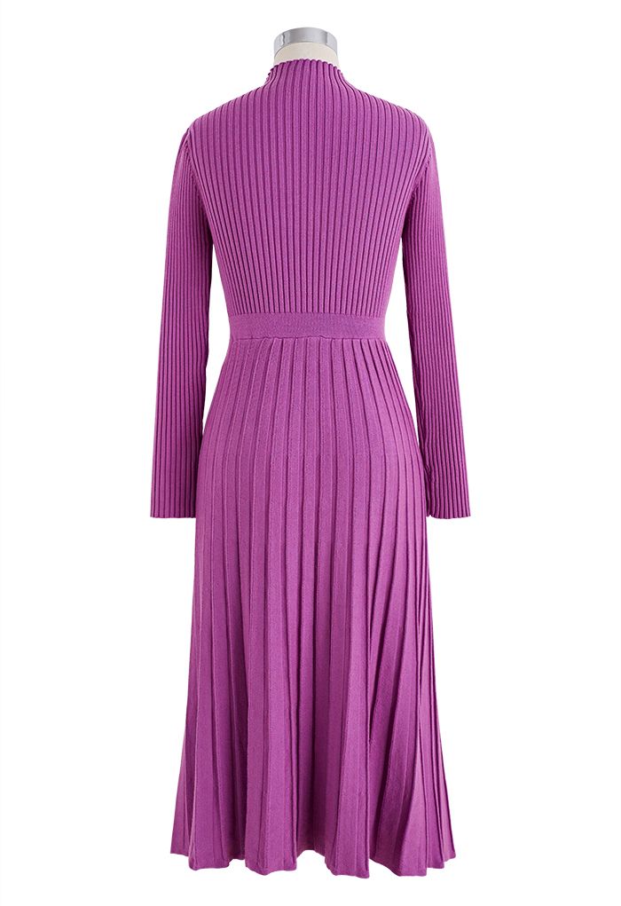 Front Pleats Splicing Belted Hi-Lo Knit Dress in Violet