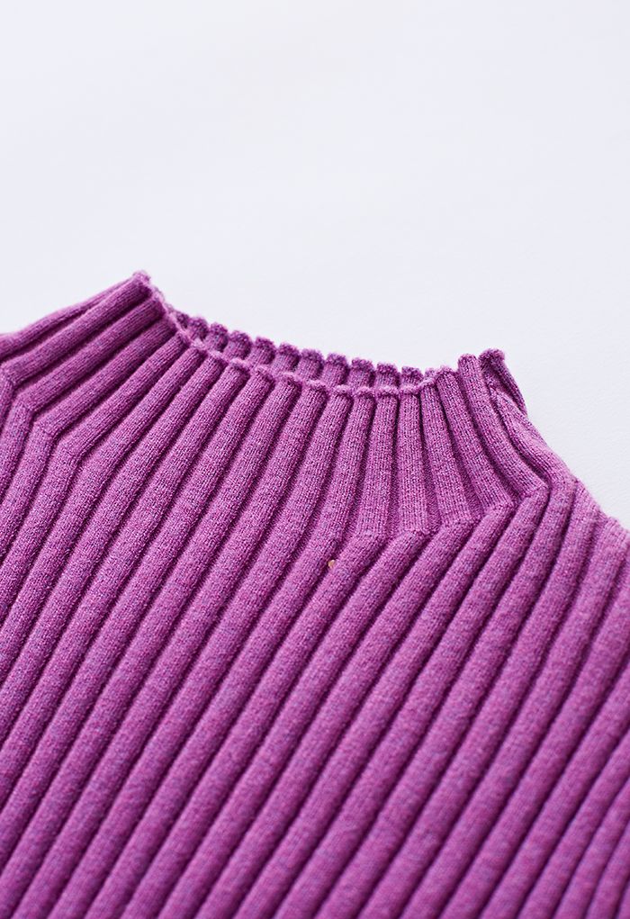 Front Pleats Splicing Belted Hi-Lo Knit Dress in Violet