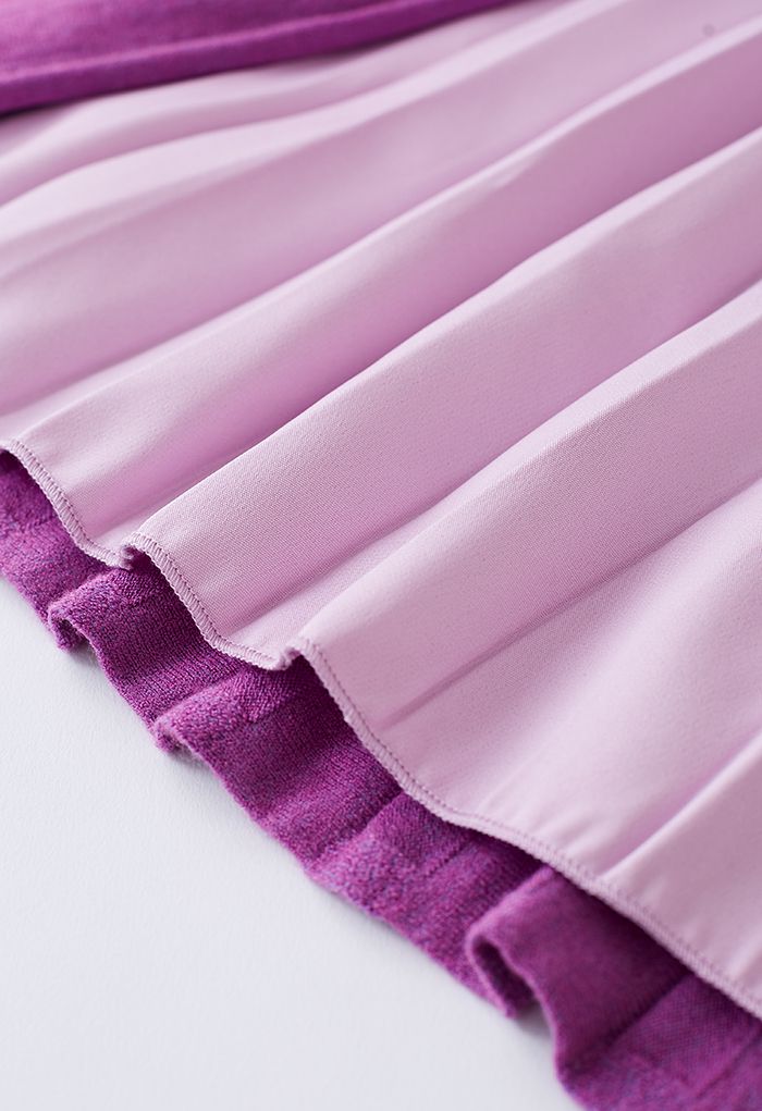 Front Pleats Splicing Belted Hi-Lo Knit Dress in Violet
