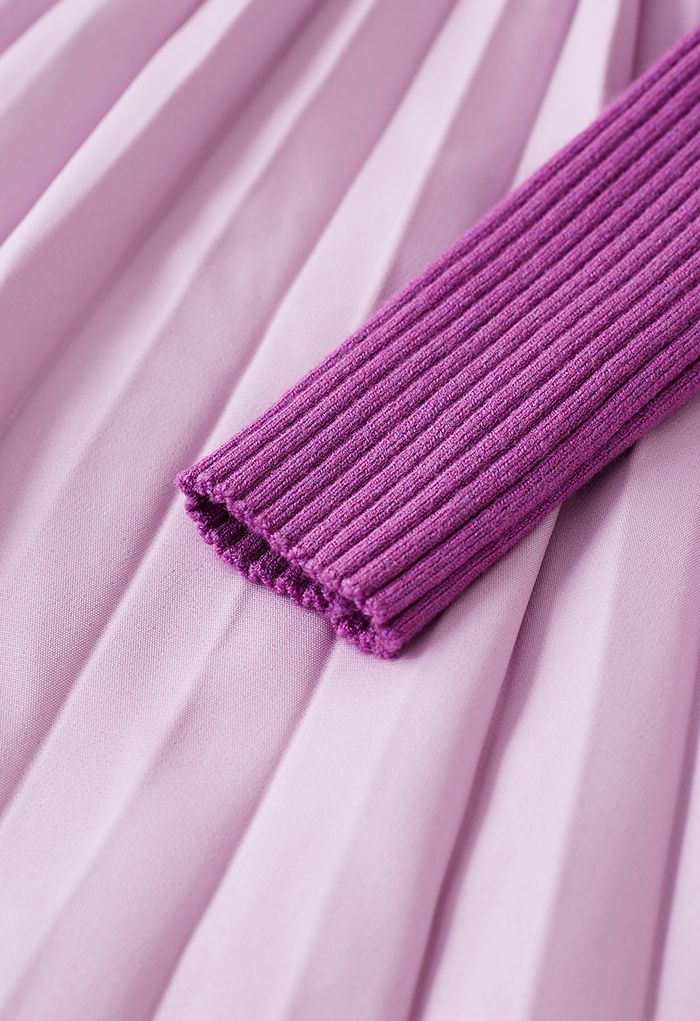 Front Pleats Splicing Belted Hi-Lo Knit Dress in Violet