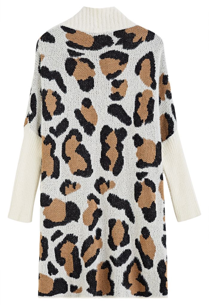 Fuzzy Leopard Batwing Sleeves Open Front Cardigan in Ivory