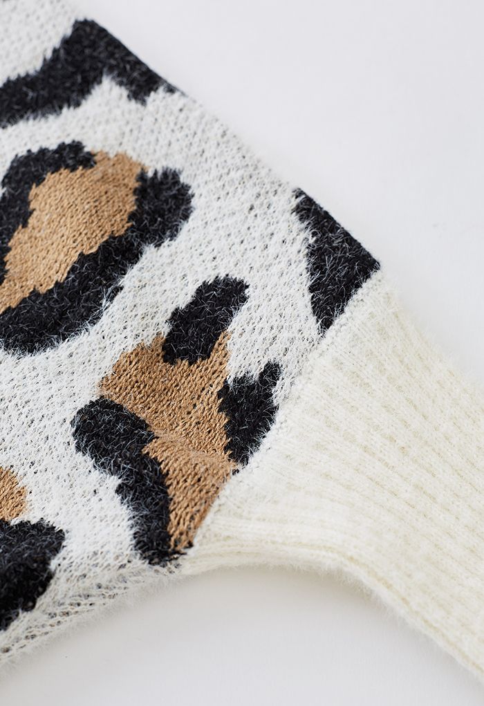 Fuzzy Leopard Batwing Sleeves Open Front Cardigan in Ivory