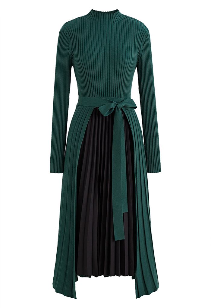 Front Pleats Splicing Belted Hi-Lo Knit Dress in Dark Green